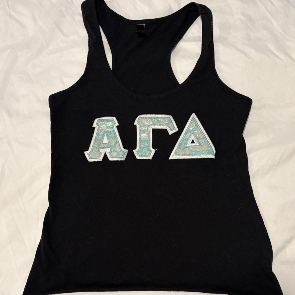 Alpha Gamma Delta Stitched Letters Black Tank Top